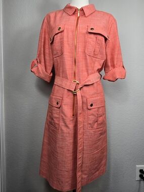Sharagano Coral Utility Shirt Dress Size 16 Zip Front Belted Cargo Safari Dress
